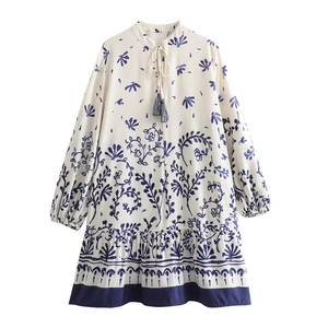 Women Vintage Bohemian Linen Floral Mini Dress With Tassel Tie Round Neck Ruffle Hem Lantern Long Sleeve Summer Vacation Dress