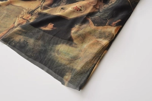 Detailed macro view of sheer mesh fabric with classical oil painting art print texture