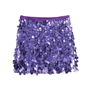 Detailed view of the purple sequin mini skirt with shimmering large round sequins