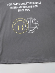 Detail of grey cotton T-shirt featuring Smiley Originals print and fine stitching