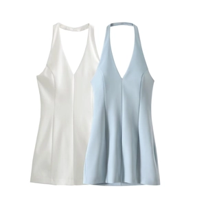 Women's Summer Halter V-Neck Backless Mini Dress Sexy Slim Fit Sleeveless High Waist Short Party Dress For Women