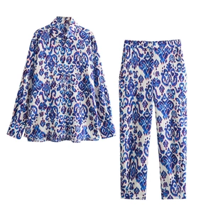 Tenue Décontractée Femme Imprimé Floral Ethnique Chemise Manches Longues Revers Et Pantalon Carotte Bohème Été