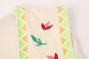 Detailed close-up of ethnic floral embroidery and geometric patterns on cream vest fabric