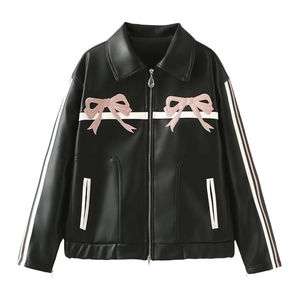 Veste en Similicuir pour Femme Noir Doux Cool Broderie Nœud Rose Moto Streetwear Y2K Rétro Revers Fermeture Éclair Manteau