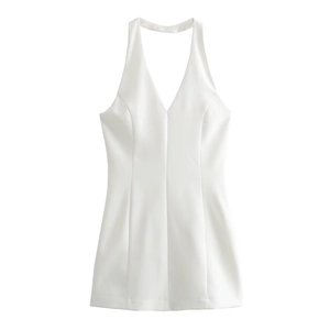 Elegant white halter neck V-neck sleeveless slim fit dress with satin texture