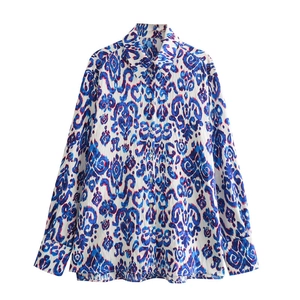 Chemise femme 2024 à manches longues avec motifs géométriques bleus et rouges