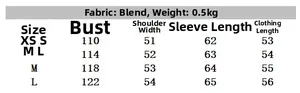 Detailed size chart for bomber jacket with measurements from XS to L in centimeters