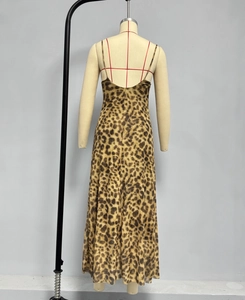 Back view of a long leopard print dress with thin straps and open back design