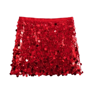 Detailed close-up of a festive red sequin mini skirt with matching satin waistband finish