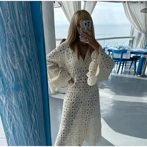 Women V Neck Crochet Lace Hollow Out Maxi Dress Long Bell Sleeve Boho Beach Vacation Embroidery Elegant Long Dress