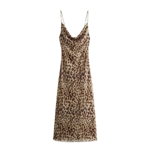 Sexy Women Leopard Print Cami Dress Cowl Neck Spaghetti Strap Backless Bodycon Midi Summer Party Dress