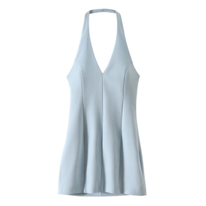 Light blue halter neck sleeveless slim fit dress with deep V-neckline on white background