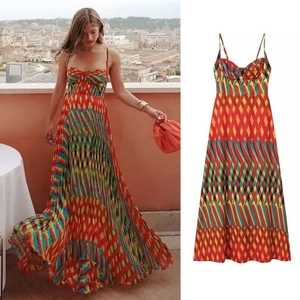 Women's Bohemian Spaghetti Strap Maxi Dress Colorful Geometric Print Smocked Pleated Summer Vacation Beach Long Dress