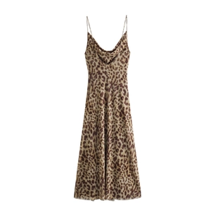 Elegant leopard print cowl neck spaghetti strap midi dress for women summer fashion