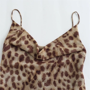 Women's summer leopard print camisole top with thin shoulder straps and draped neckline