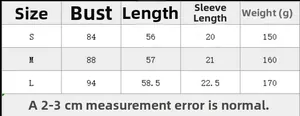 Detailed size chart for women's short sleeve knit top showing S, M, L dimensions