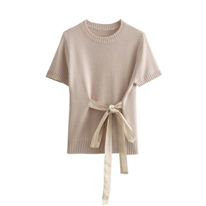 Women Short Sleeve Knit Top Round Neck Bow Tie Side Ribbed Knitted Casual Summer T-Shirt Oatmeal Fashion Regular Slim Tee