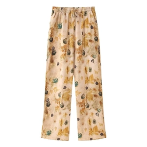 Women's summer wide leg trousers with vintage beige floral print and drawstring waist
