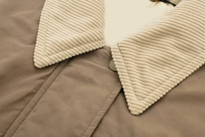 Macro shot of brown jacket with light beige corduroy collar and metal button detail