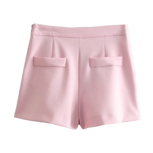 Rosa Shorts mit hoher Taille, weitem Bein, vorderen Falten und verdecktem Reißverschluss