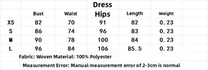 Tableau des tailles détaillé pour robe d'été femme avec mesures de XS à L en centimètres