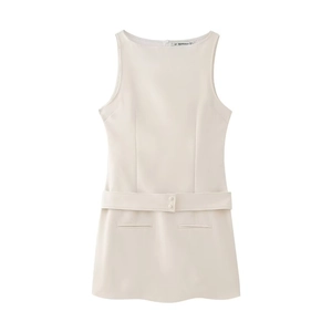 Robe Courte Sans Manches Avec Ceinture Femmes Élégant Col Rond Couleur Unie Abricot Robe Fourreau Pour Navettage Été
