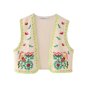 Women Vintage Ethnic Embroidery Vest Sleeveless Cardigan Waistcoat Floral Boho Contrast Piping Open Front Jacket Short Top