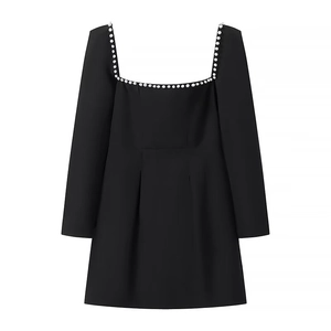 Elegant black mini dress with square neckline and white pearl trim embellishment