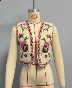 Close-up of intricate floral embroidery and colorful geometric trim on a cream vest