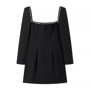 Elegant French square neck black A-line mini dress with pearls and long sleeves