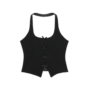 Women's black halter top with square neck and delicate small butterfly bow accents