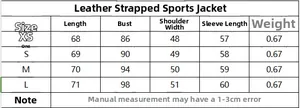 Tableau des tailles détaillé pour blazer en cuir à cordon, mesures de XS à L