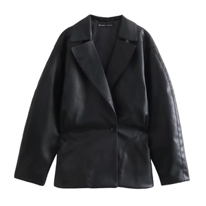Veste en Similicuir pour Femme Style Occidental Revers Manches Longues Ceinturé Sortie Streetwear Casual Noir Manteau
