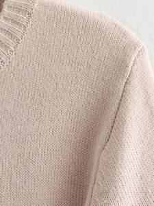 Close-up of ribbed knit neckline and fine stitch detail on short sleeve top