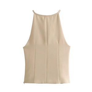 Top estivo da donna con scollo all'americana beige e cuciture principessa slim