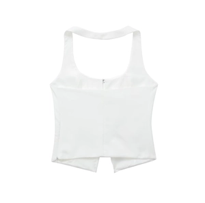 Haut court dos nu blanc pour femme avec motif papillon et ourlet fendu en V