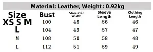 Detailed size chart for women's faux PU leather jacket with measurements in centimeters