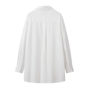 Back view of a white long sleeve shirt featuring a classic collar and pleated yoke detail