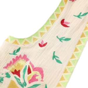 Women's vintage cream sleeveless vest jacket with colorful floral embroidery and textured fabric