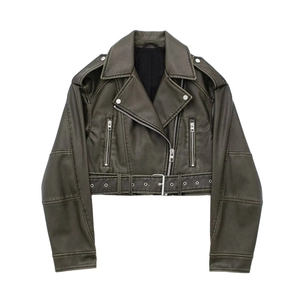 Women Faux PU Leather Moto Jacket Lapel Zip Cropped Biker Outerwear Streetwear Vintage Olive Green Black Fall Winter Coat
