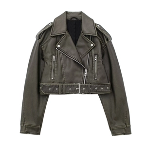 Detailed view of cropped faux leather biker jacket with lapel collar and waist belt