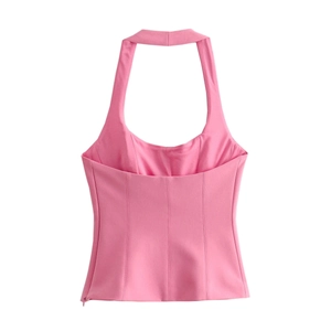 Slim fit bright pink halter neck corset top with structured seams and side zipper closure