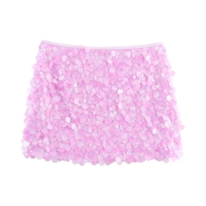 Close-up of sparkling pink sequins on a stylish A-line mini skirt for women