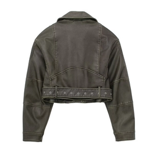 Women's vintage PU leather biker jacket in dark brown with back view and waist belt