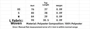 Detailed size chart for poplin camisole top with chest, length, and material specs