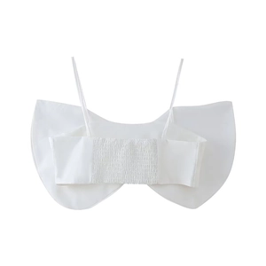 Women's white crop top featuring a large back bow and ruched elasticated detailing