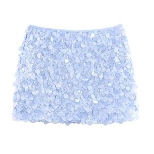 Fashionable light blue sequin mini skirt with shimmering layered paillettes in A-line style