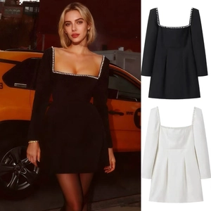 Elegant Square Neck Long Sleeve Mini Dress Women Artificial Pearl Rhinestone Trim Slim Fit A-Line Party Wedding Velvet Evening Dress