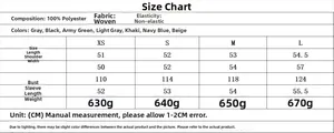 Size chart for women short zip jacket with fabric details in XS to L measurements