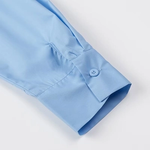 Close-up of light blue shirt cuff with polished button and fine woven fabric texture